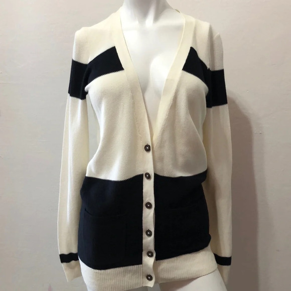 Madewell Off White & Black 100% Cotton Color Block Button Cardigan Size Small - Picture 2 of 4